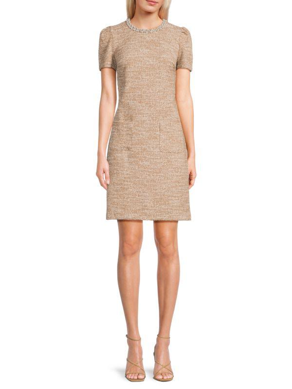 Karl Lagerfeld Paris Embellished Neckline Tweed Dress