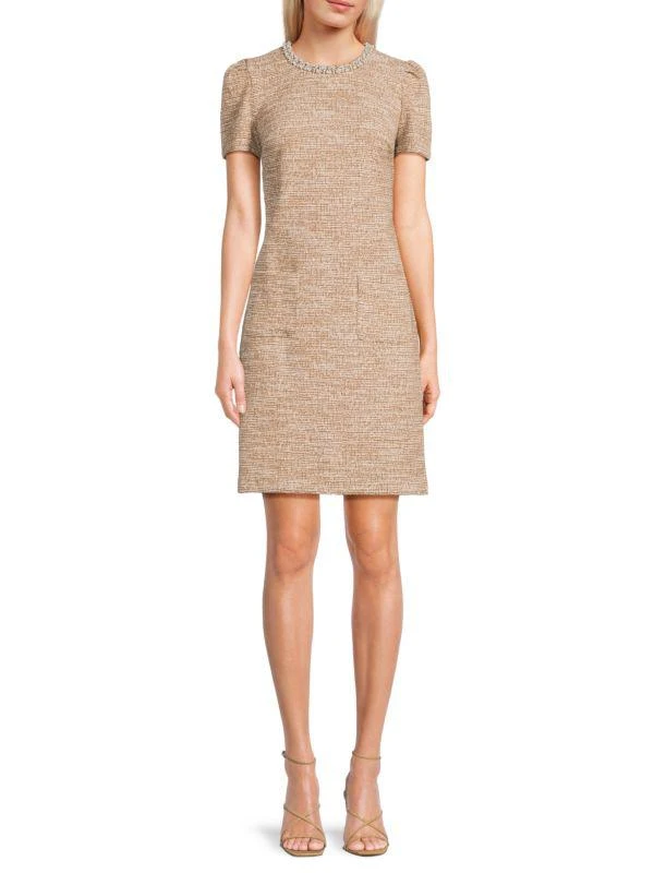 Karl Lagerfeld Paris Embellished Neckline Tweed Dress 1