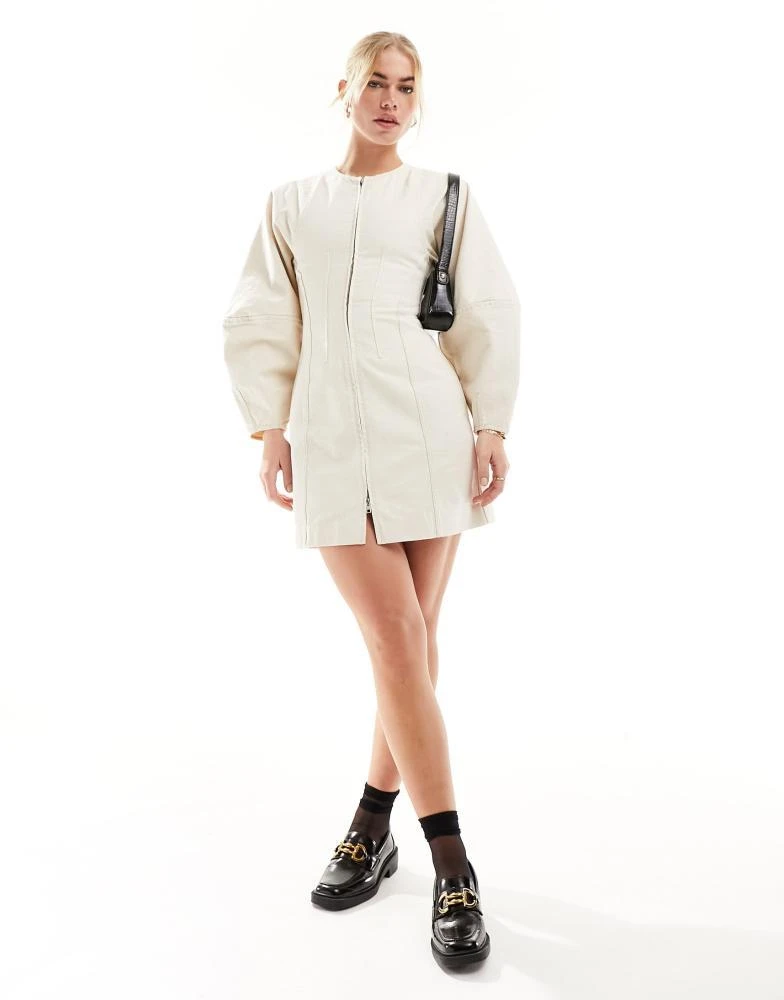 & Other Stories & Other Stories corset waist mini dress with zip front and sculptural sleeves in beige 2