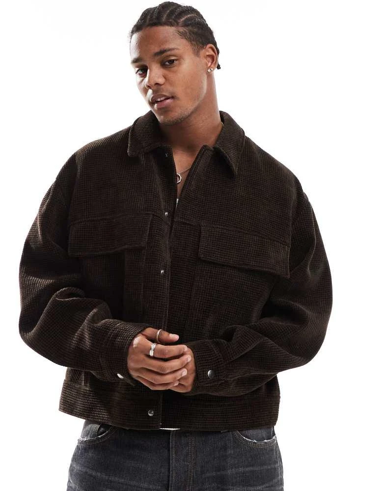 ASOS ASOS DESIGN boxy waffle harrington jacket in brown 1