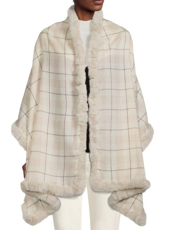 BELLE FARE Buffalo Check Faux Fur Wool Blend Wrap
