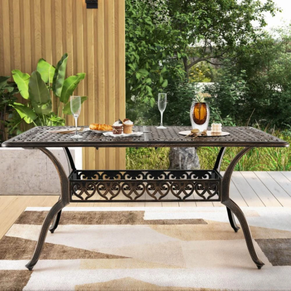 Hivvago 59 Inch Aluminum Patio Dining Table with Umbrella Hole fot 6 Persons-Bronze