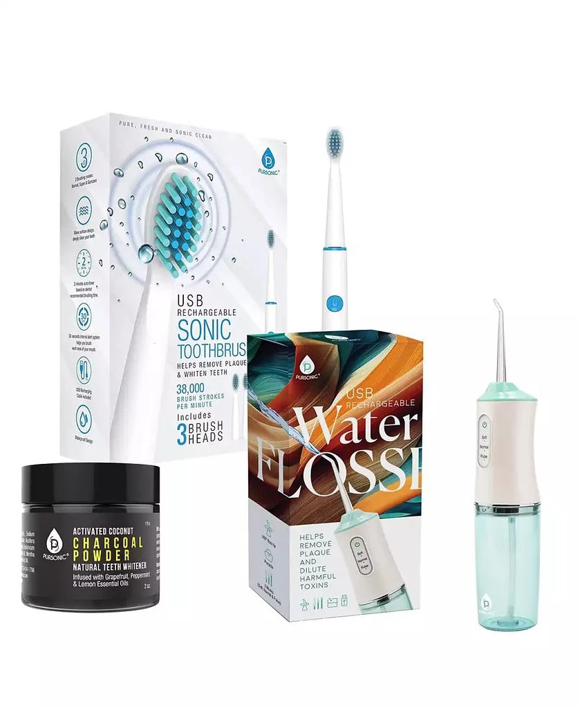 PURSONIC Oral Care Power Bundle: USB Rechargeable Water Flosser,  Electric Toothbrush, and Charcoal Teeth Whitener
