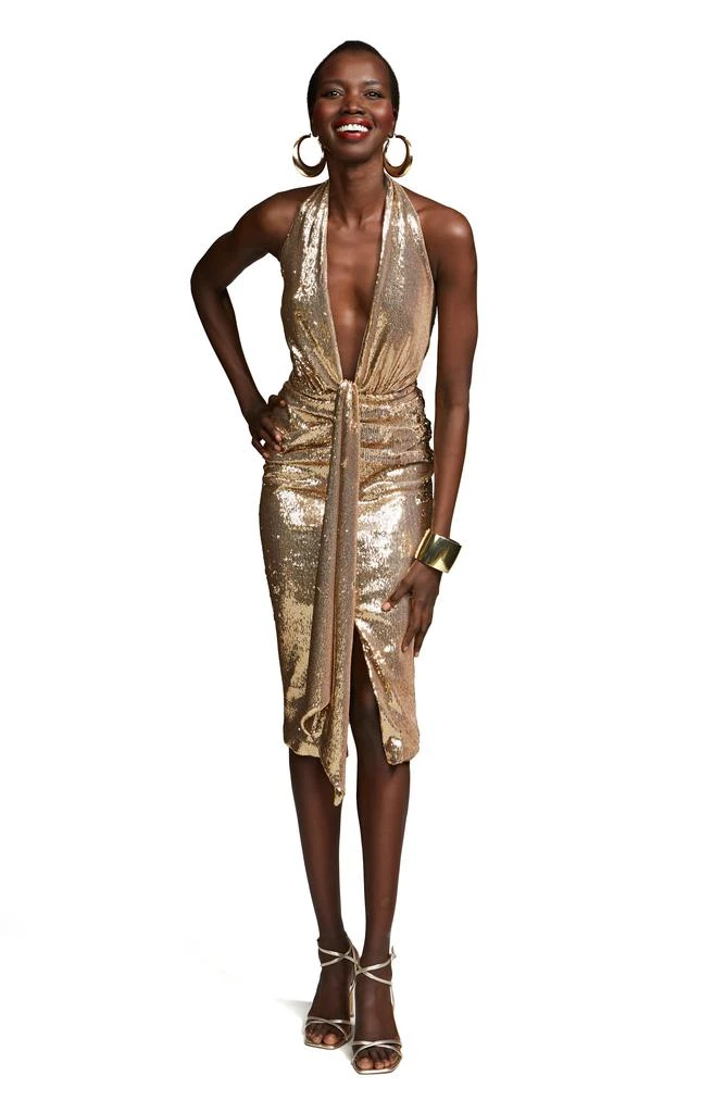 HALSTON Sya Sequin Plunge Halter Neck Cocktail Dress 6