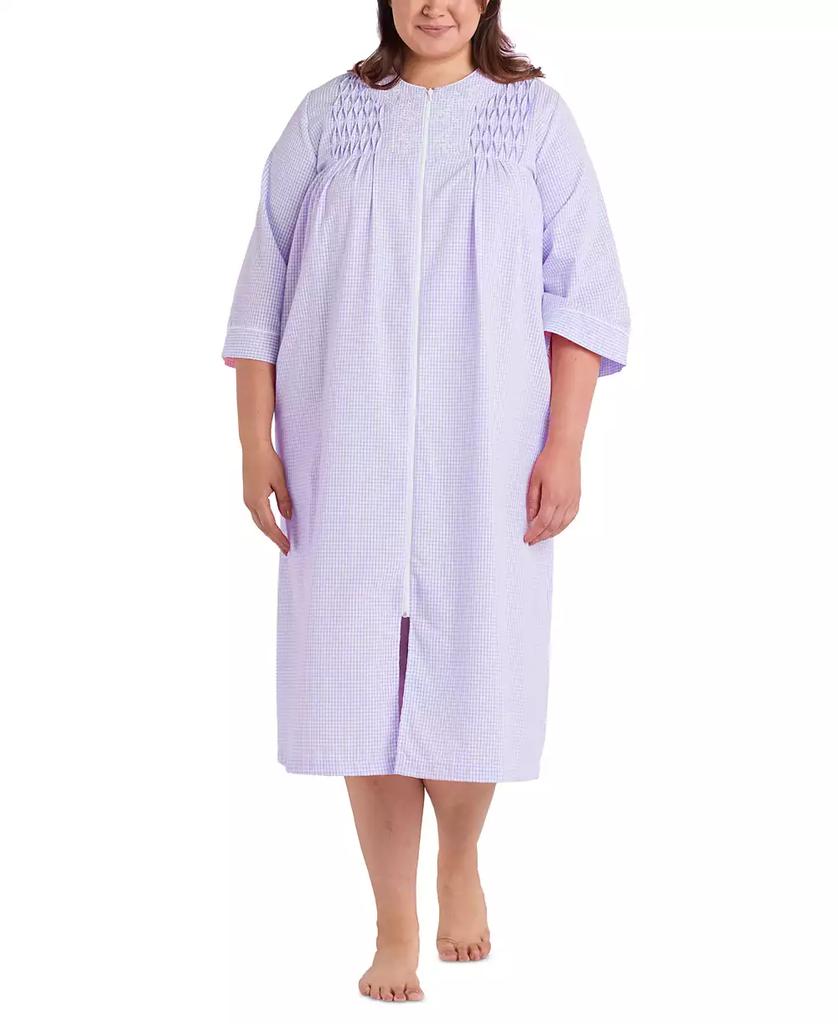 Miss Elaine Plus Size 3/4-Sleeve Zip-Front Seersucker Robe