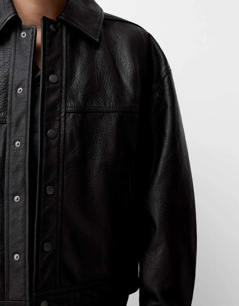 Bershka Bershka Collection leather bomber jacket in black 4