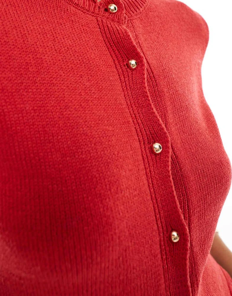 ASOS ASOS DESIGN scallop trim short sleeve cardigan with gold buttons in red 3
