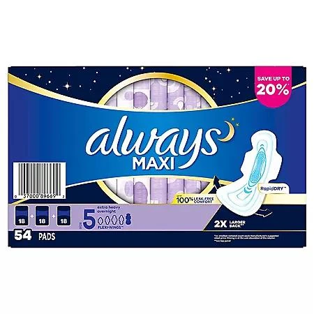 Always Always Maxi Extra Heavy Overnight Pads with Flex-Wings, Unscented, Size 5, 54 ct. 9