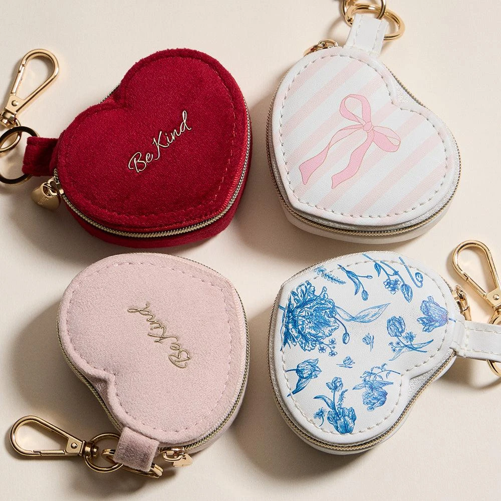 FASHNZFAB Bow Accent Striped Printed Heart Shaped Jewelry Case Keychain Bag Charm 5