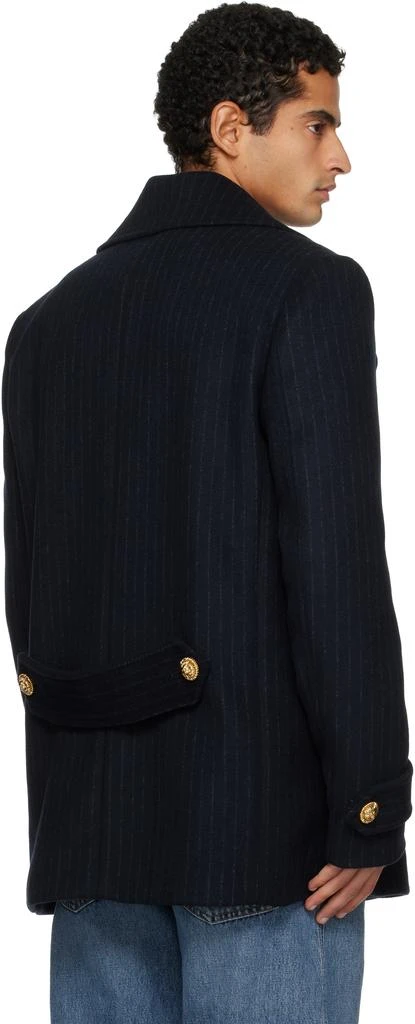 Balmain Navy Short Striped Wool Pea Coat 3