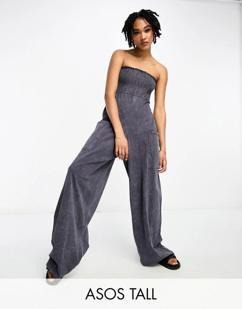 ASOS ASOS DESIGN Tall jersey shirred bandeau jumpsuit in washed black 1