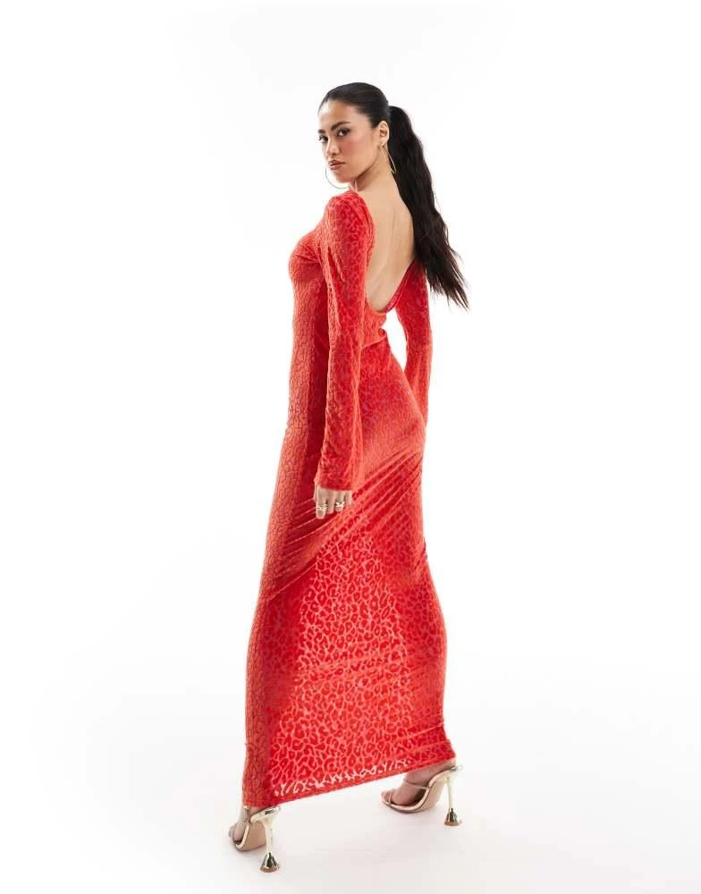 ASOS ASOS DESIGN low back sheer burnout mesh maxi dress with angel sleeves in red 3