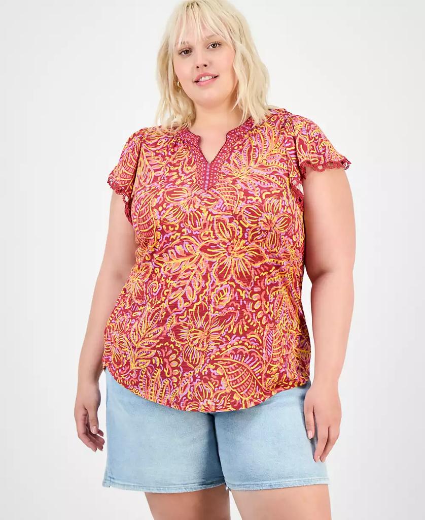 Democracy Trendy Plus Printed Flutter-Sleeve Top