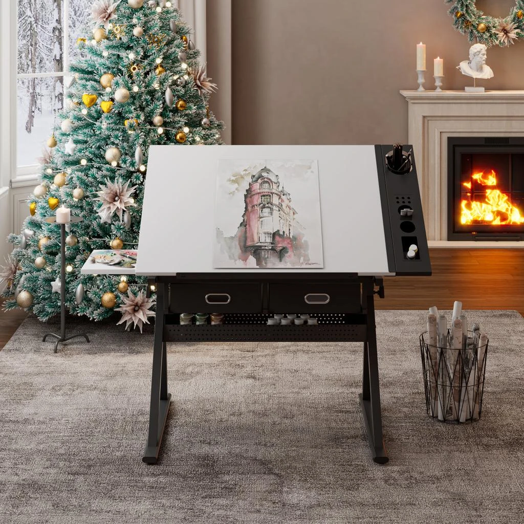 Streamdale Furniture Streamdale Adjustable Drawing Drafting Table Desk with 2 Drawers
Stool (White) 2