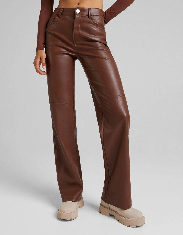 Bershka Bershka faux leather straight leg trouser in brown 1