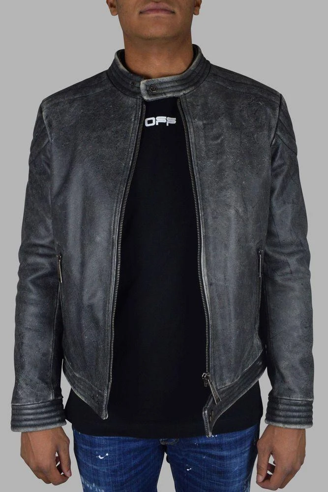 Philipp Plein Vintage-Effect Gray Leather Biker Jacket 3