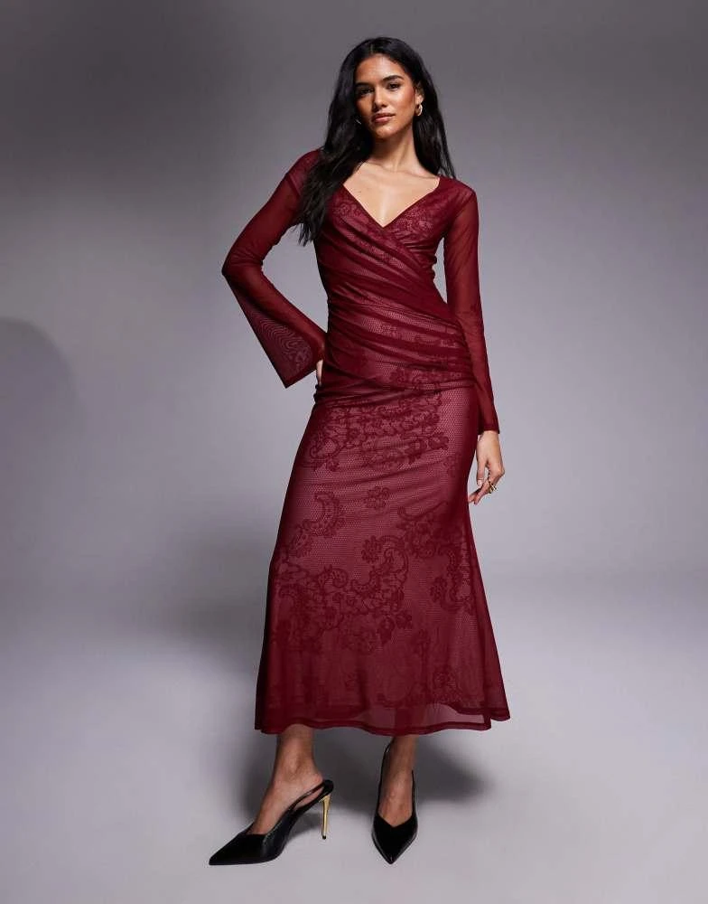 knee length dresses for ladies Saelith Long Sleeve Bardot Crystal Mesh Maxi Dress In Black  Night Novas