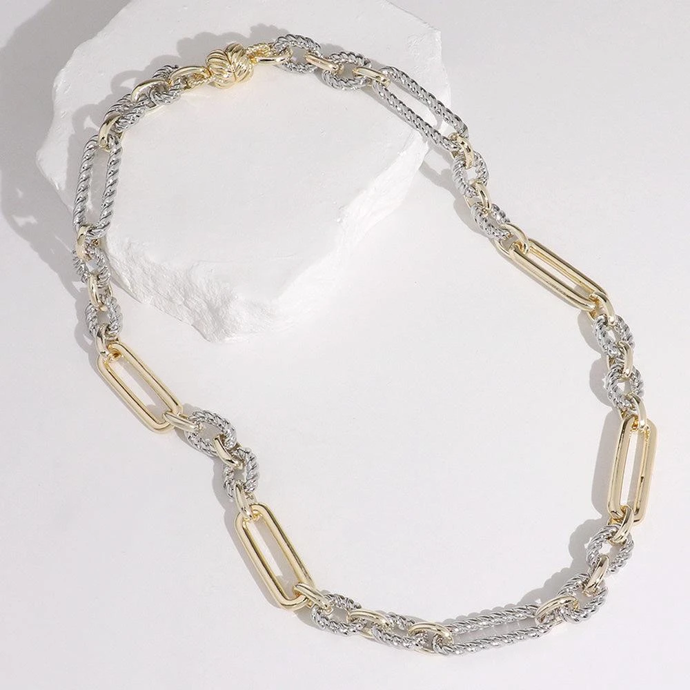 FASHNZFAB 14K Gold Plated Two Tone Textured Oval Chain Magnetic Necklace