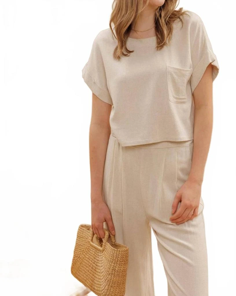 KLd. Signature Linen Crop Top And Pant Set In Oatmeal
