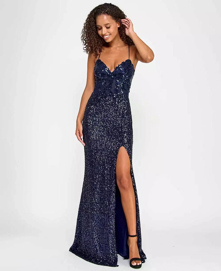 City Studios Juniors' Sequin Side-Slit Lace-Up Gown 4