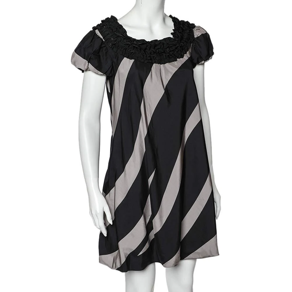 Moschino Moschino Cheap and Chic Monochrome Striped Silk Ruffled Neck Detail Mini Dress M 2