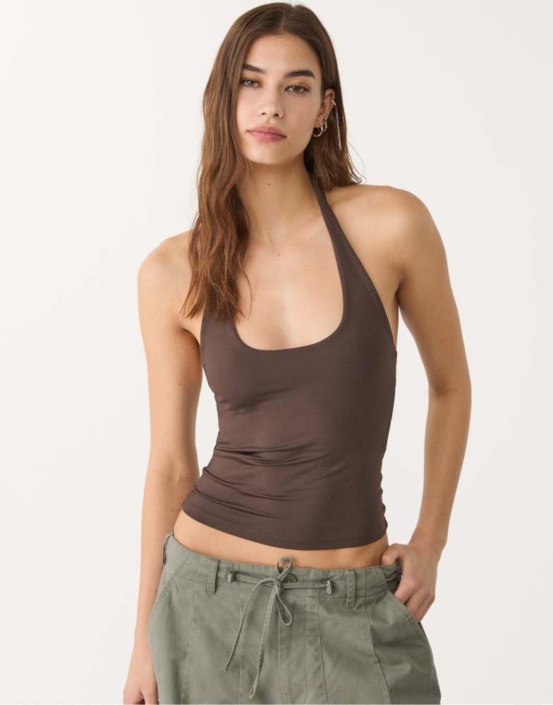Stradivarius Stradivarius racer neck top in brown