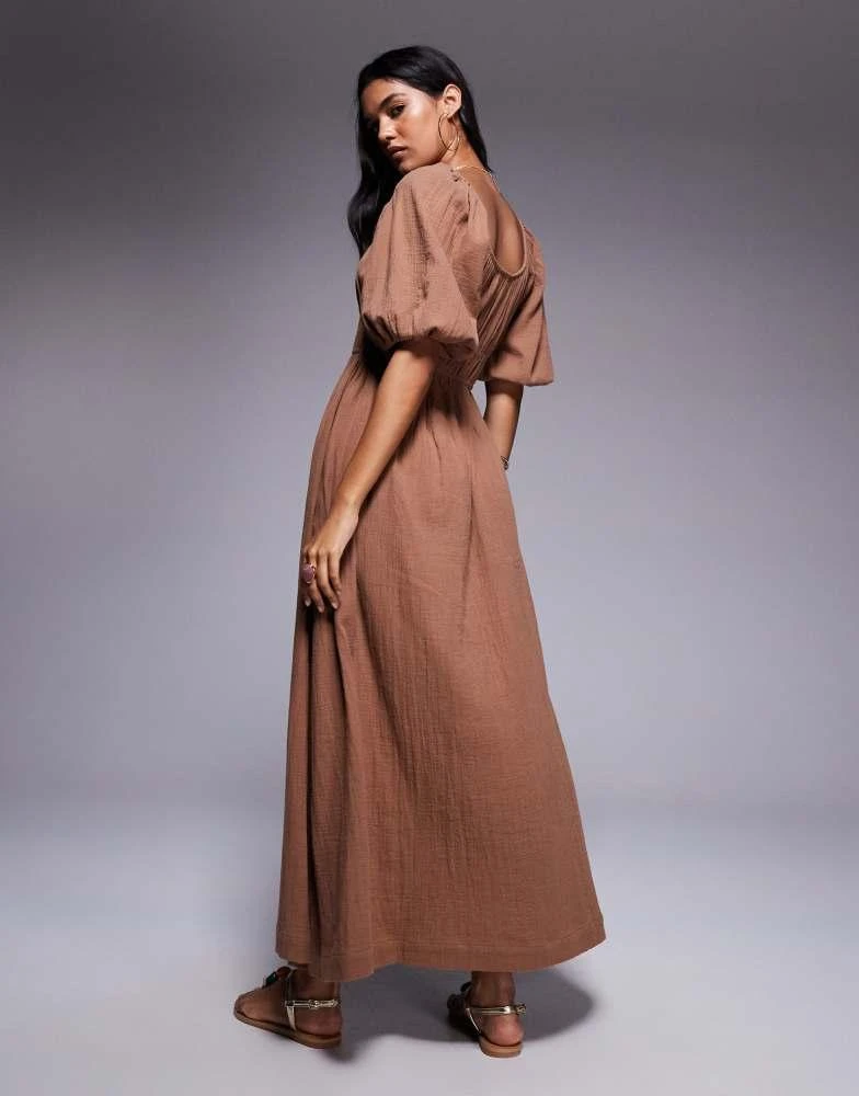 River Island puff sleeve linen look midi dress in stone-Neutral
