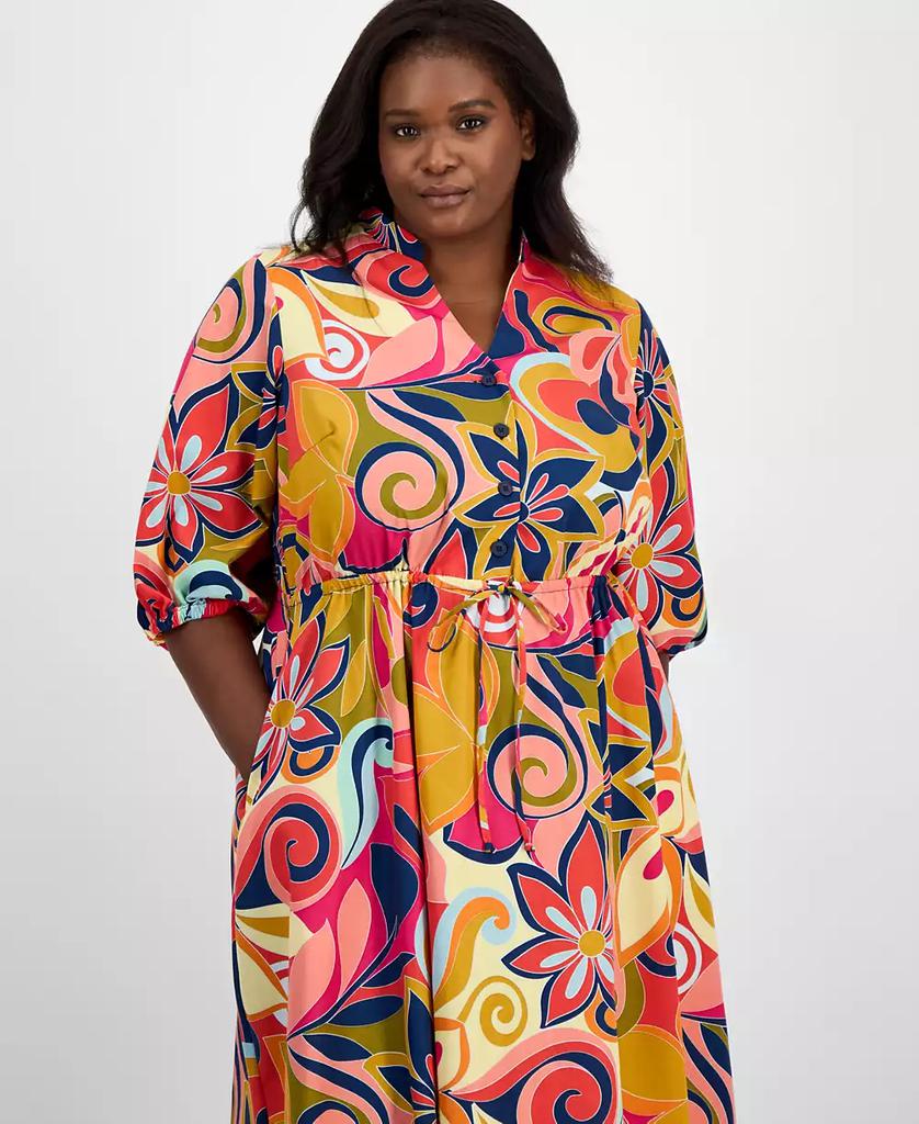 Sandra Darren Plus Size Printed Drawstring-Waist Shirtdress