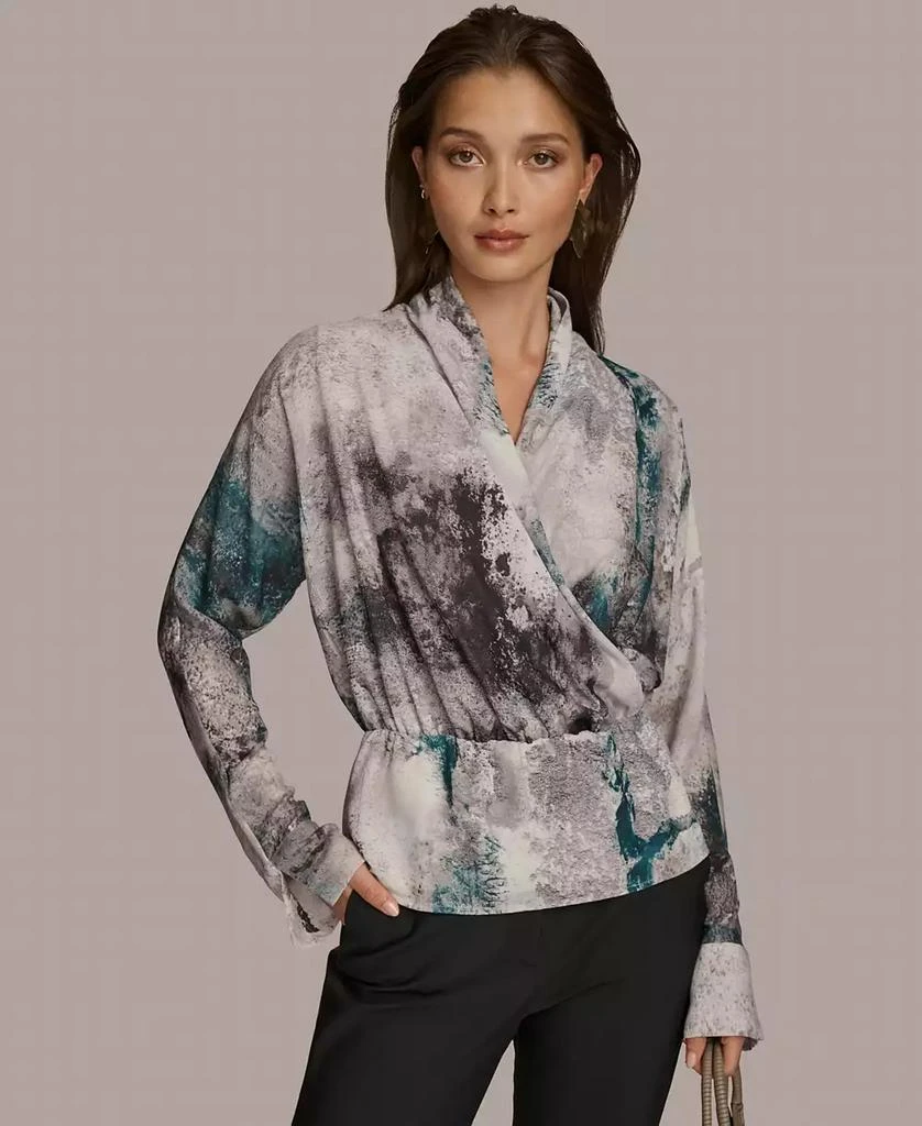Donna Karan Donna Karan Women's Printed Faux-Wrap Long-Sleeve Top 1