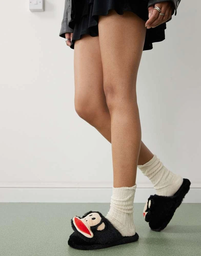 Daisy Street Daisy Street x Paul Frank fluffy slippers with 3D face in black 3