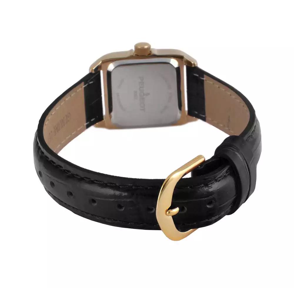 Peugeot Women's 34x24mm Tank Watch with Crystal Bezel Black Leather Strap