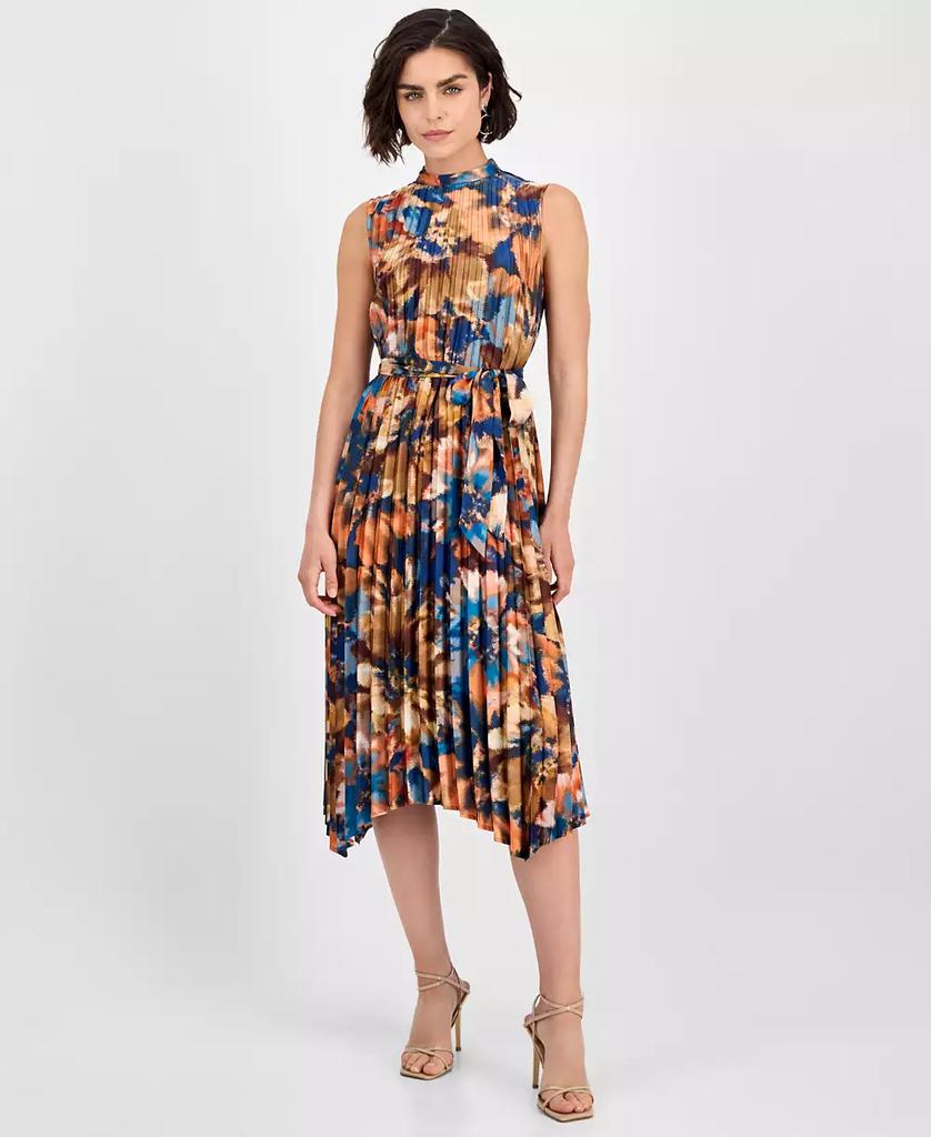 Tahari Women's Printed Pleated Sleeveless Midi Dress