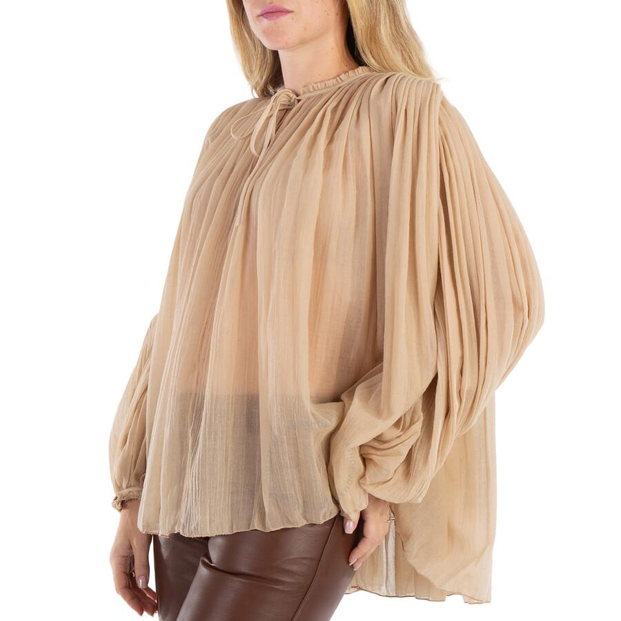 Chloé Ladies Barley Brown Semi-Sheer Pleated Blouse