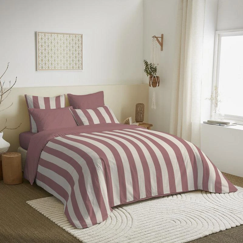 Coton Pur Pack Complet Imprimé (Housse De Couette + Taie(s) + Drap Housse) - 100% Coton 57 Fils - Deauville Pourpre 1