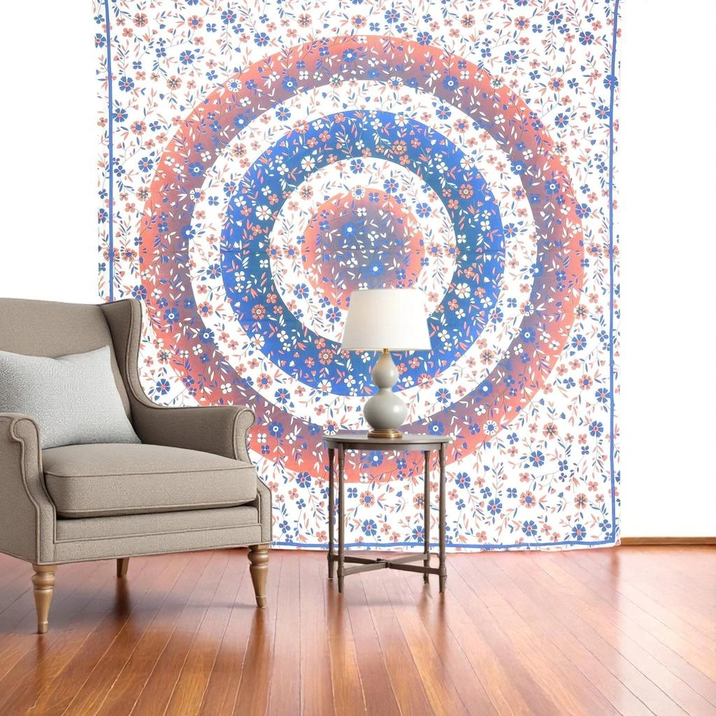 Hivvago 88" X 84" Blue White And Orange Floral Cotton Hanging Tapestry
