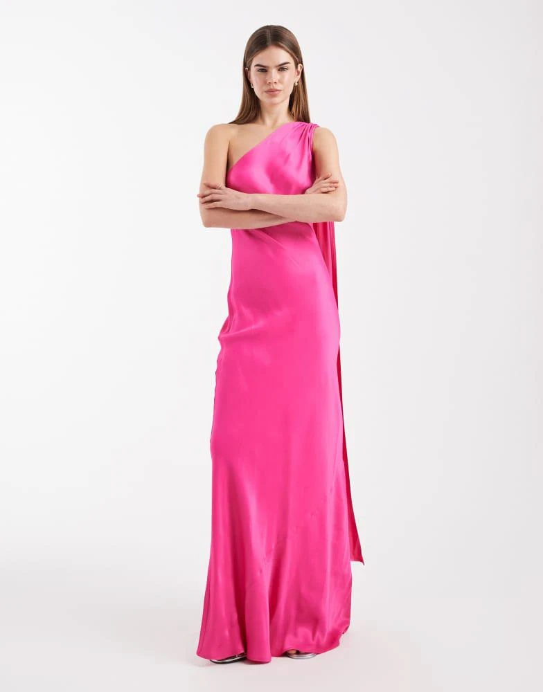 Maids to Measure Bridesmaid satin one shoulder scarf draped detail maxi dress in hot pink Maids to Measure Bridesmaid satin one shoulder scarf draped detail maxi dress in hot pink