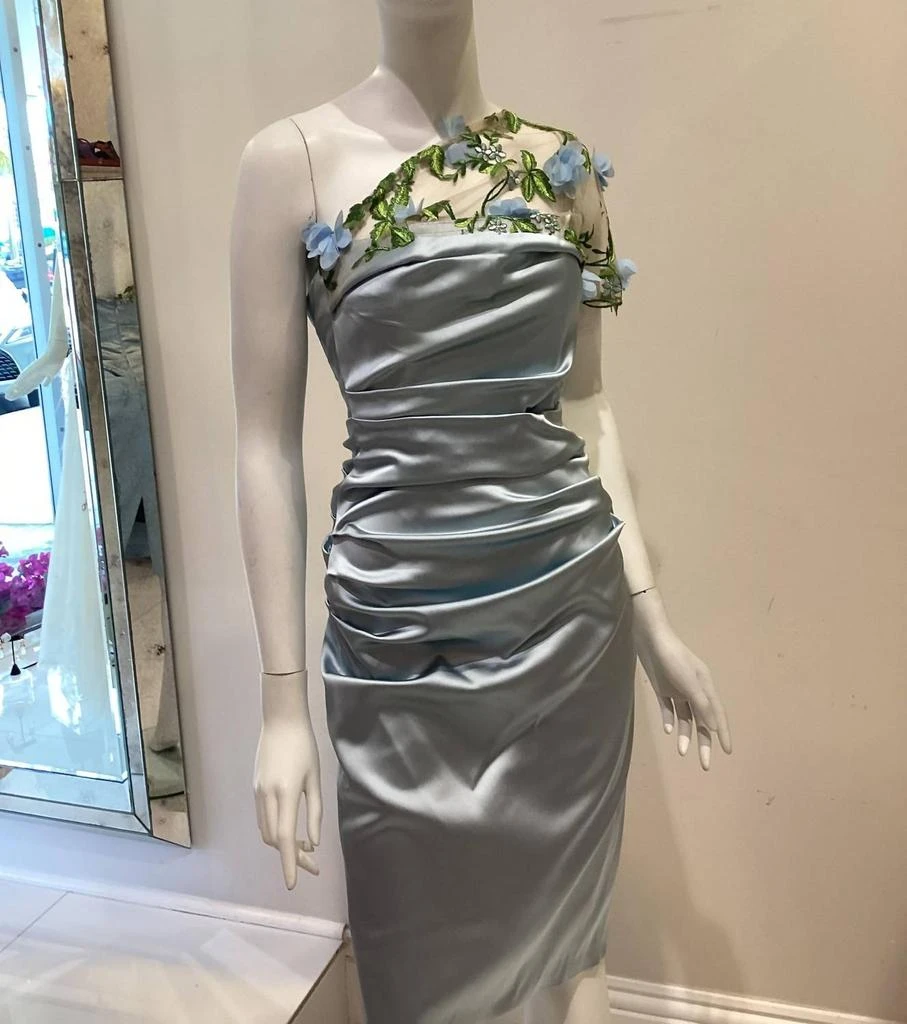 CATHERINE DEANE Flowered One Shoulder Cocktail Dress In Light Blue 1