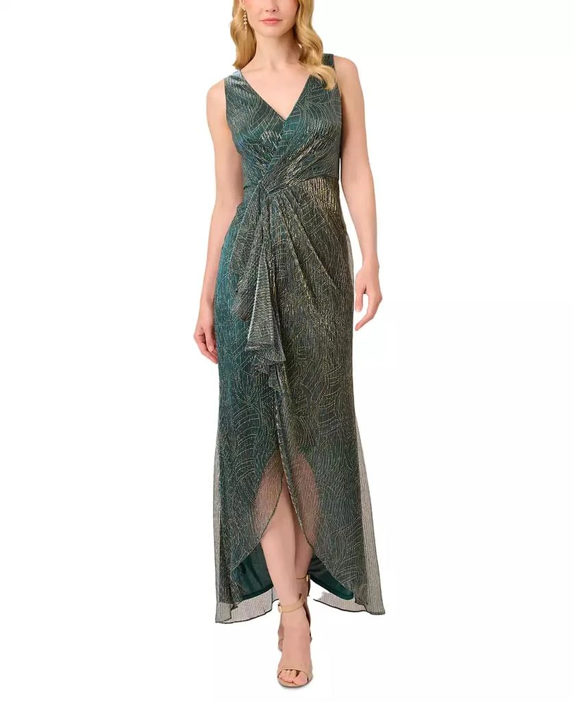 strapless open back dress Adrianna Papell Asymmetrical Neck One Shoulder Pleated Bodice Metal Ring  Accent Slit Side Satin Crepe Gown