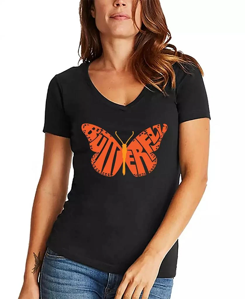 LA Pop Art Women's Word Art Butterfly V-Neck T-Shirt 1