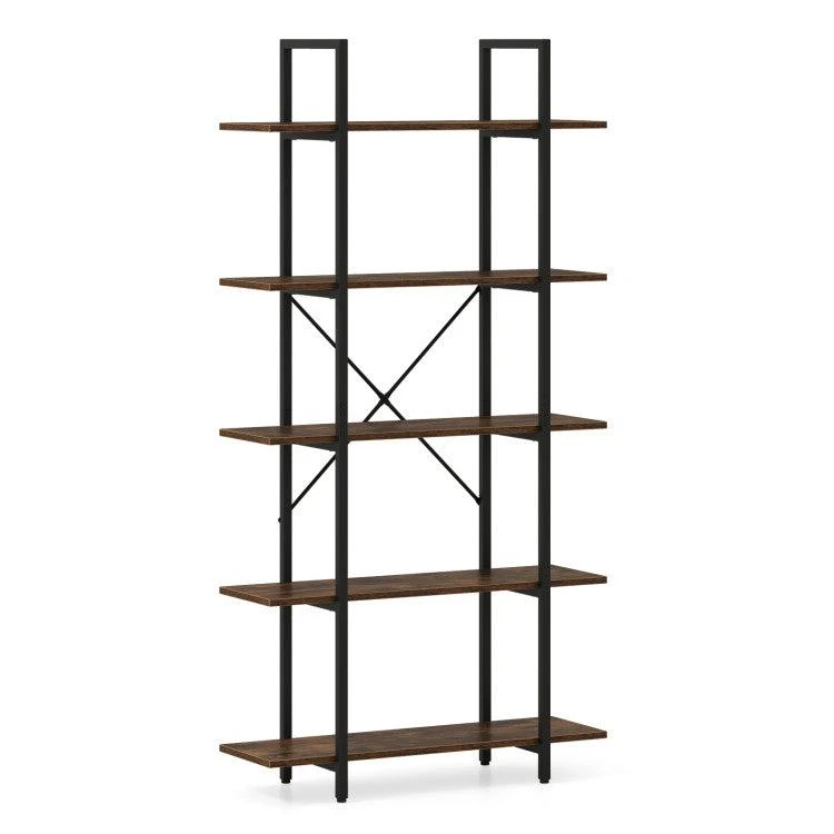 Hivvago 5-Tier 62 Inch Tall Vintage Industrial Bookcase with Open Storage Shelves-Rustic Brown