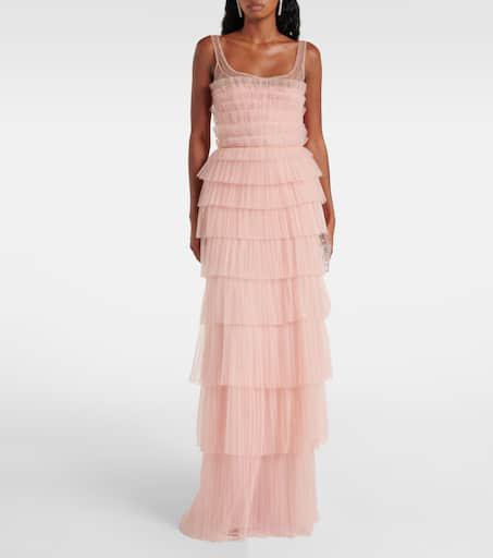 Costarellos Kali embellished plissé tiered gown