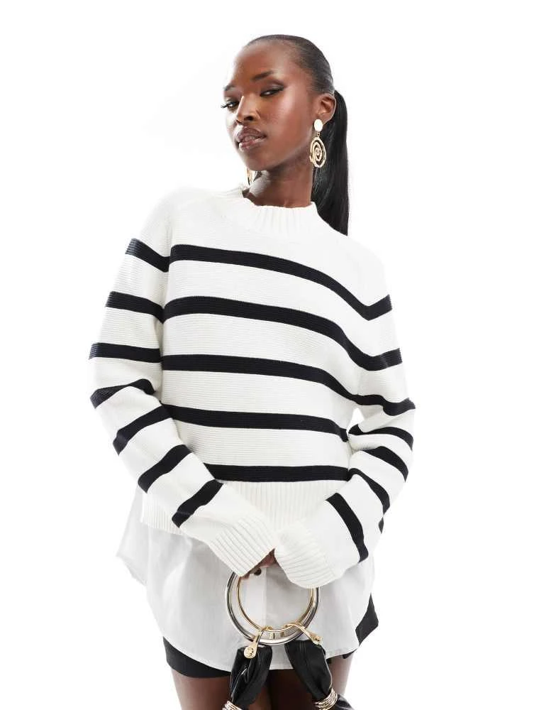 French Connection French Connection 2 in 1 funnel neck jumper with shirt underlay in white and black stripe 1