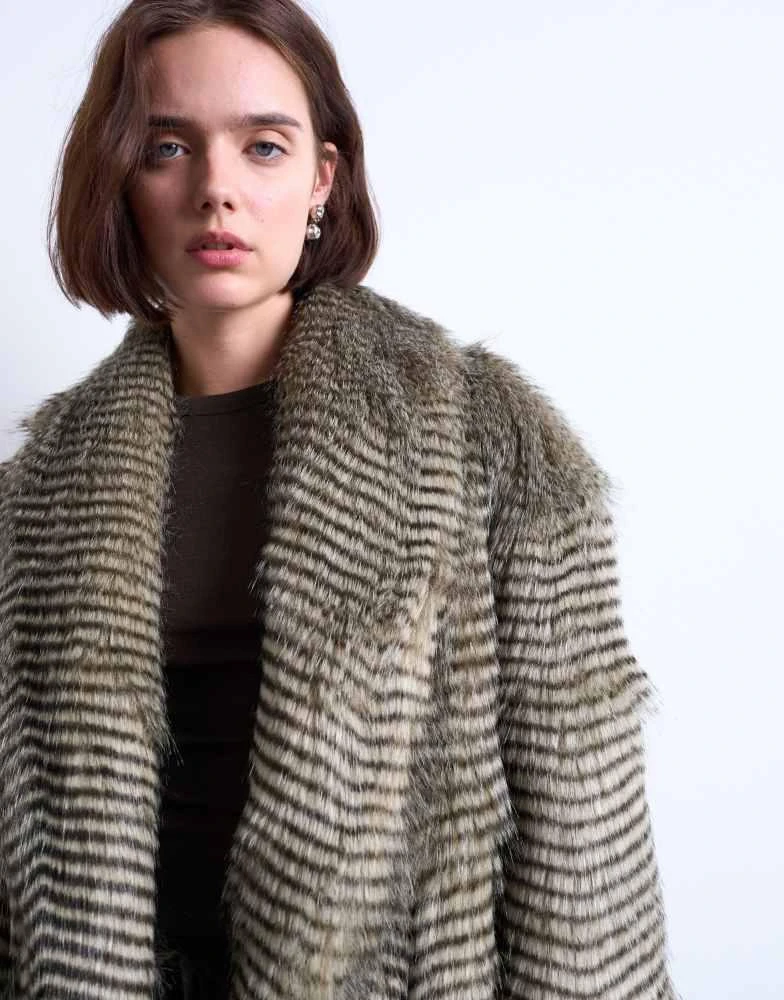 Topshop Topshop faux mono stripe shawl mid length coat in black 3