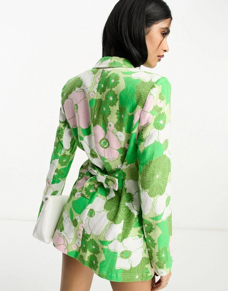 ASOS ASOS DESIGN slimline tie back suit blazer with linen in retro floral print 4