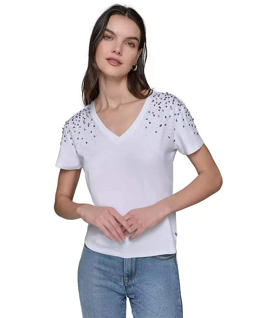 Karl Lagerfeld Paris Women's Embellished V-Neck T-Shirt 1