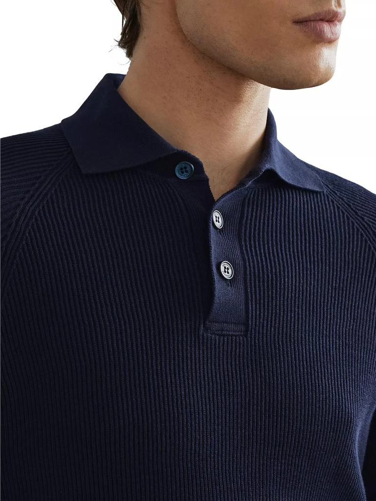 Brunello Cucinelli Cotton English Rib Knit Polo with Long Raglan Sleeves 4