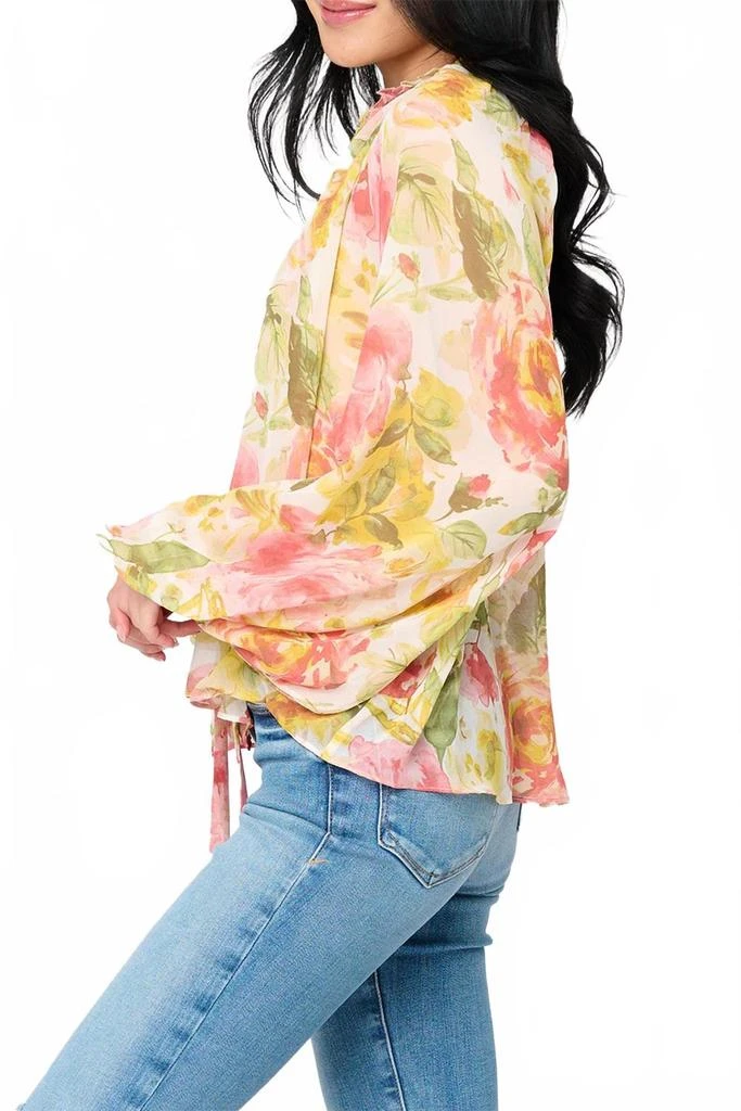 RESET by Jane Button Front Chiffon Blouse With Tie In Pink/yellow Floral Garden Print 2