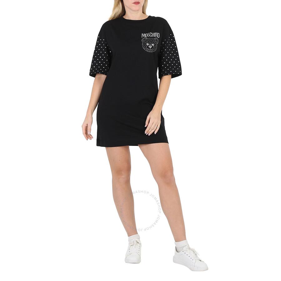 Moschino Ladies Teddy Bear Gem-Logo T-Shirt Dress In Black