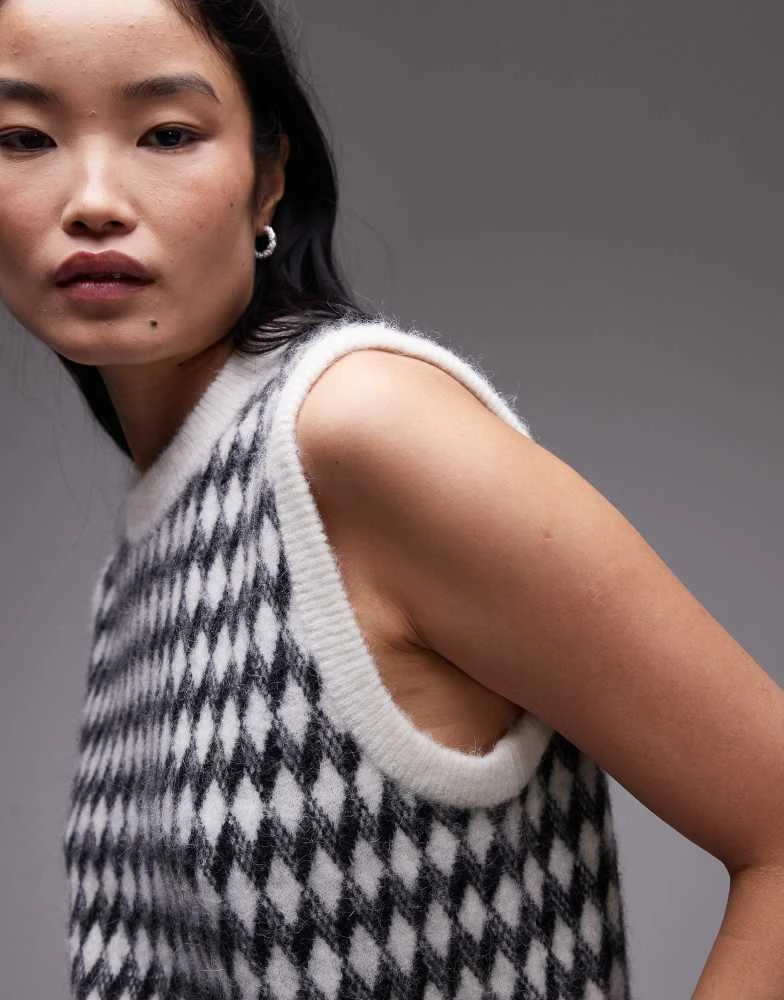 ARKET ARKET alpaca blend knitted tank vest in black and white diamond check jacquard 4