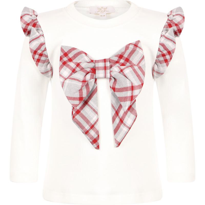 Caramelo Kids Ruffle and bow detailing long sleeved t shirt and skirt set in white and grey